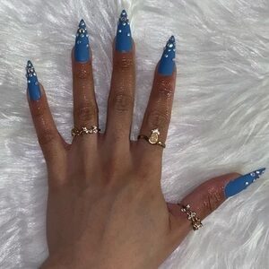 10pc Long Stiletto Matte Blue Jean with Rhinestone Tip Press on Nails